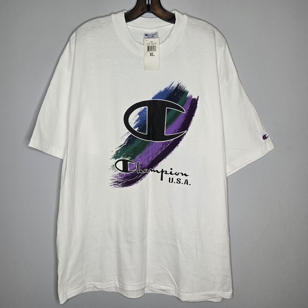 VTG Champion T shirt NWT Single Stitch USA Color Splash Graphic XL Logo Cotton